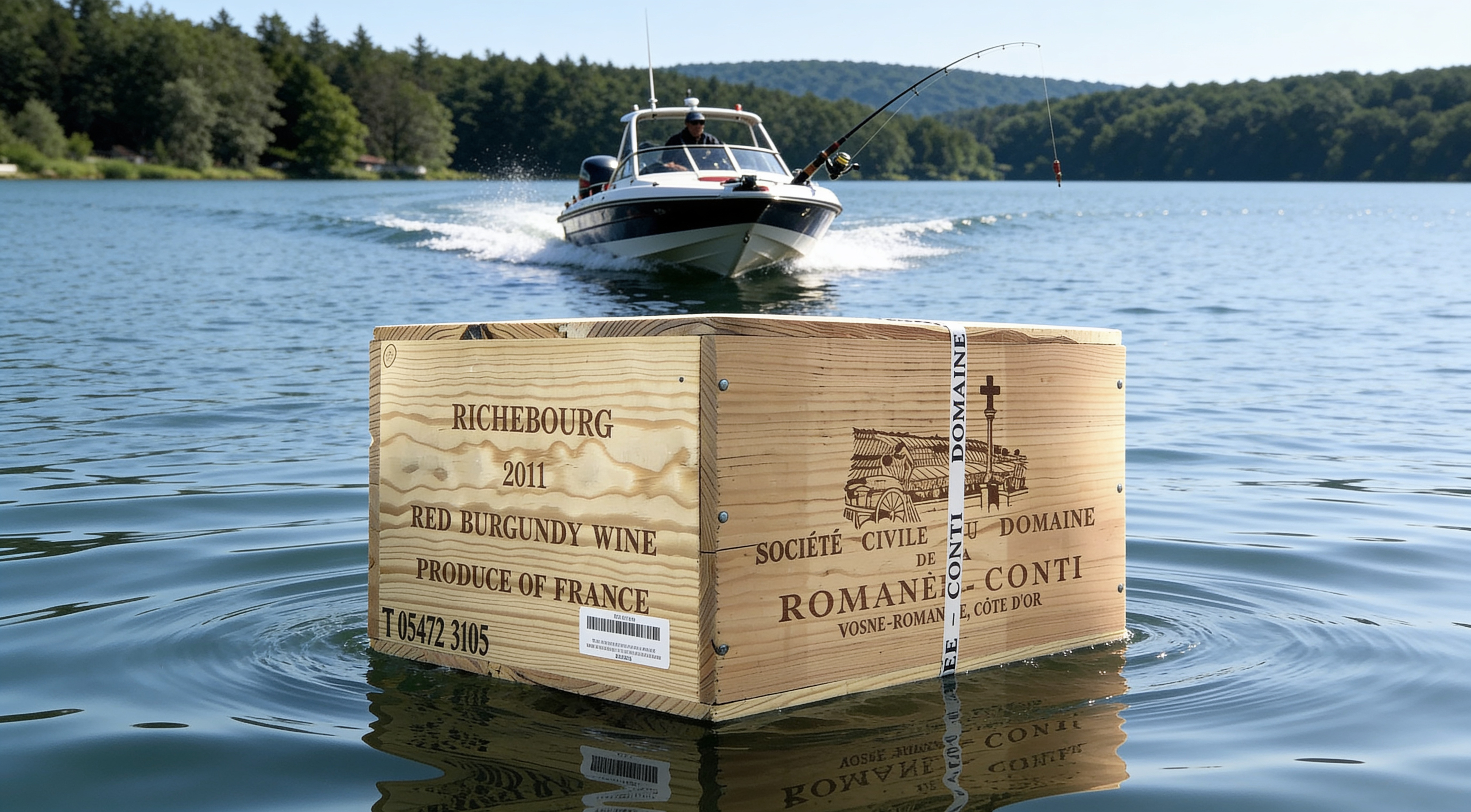 A Romanée-Conti wine crate floating in a lake with a fishing boat beyond