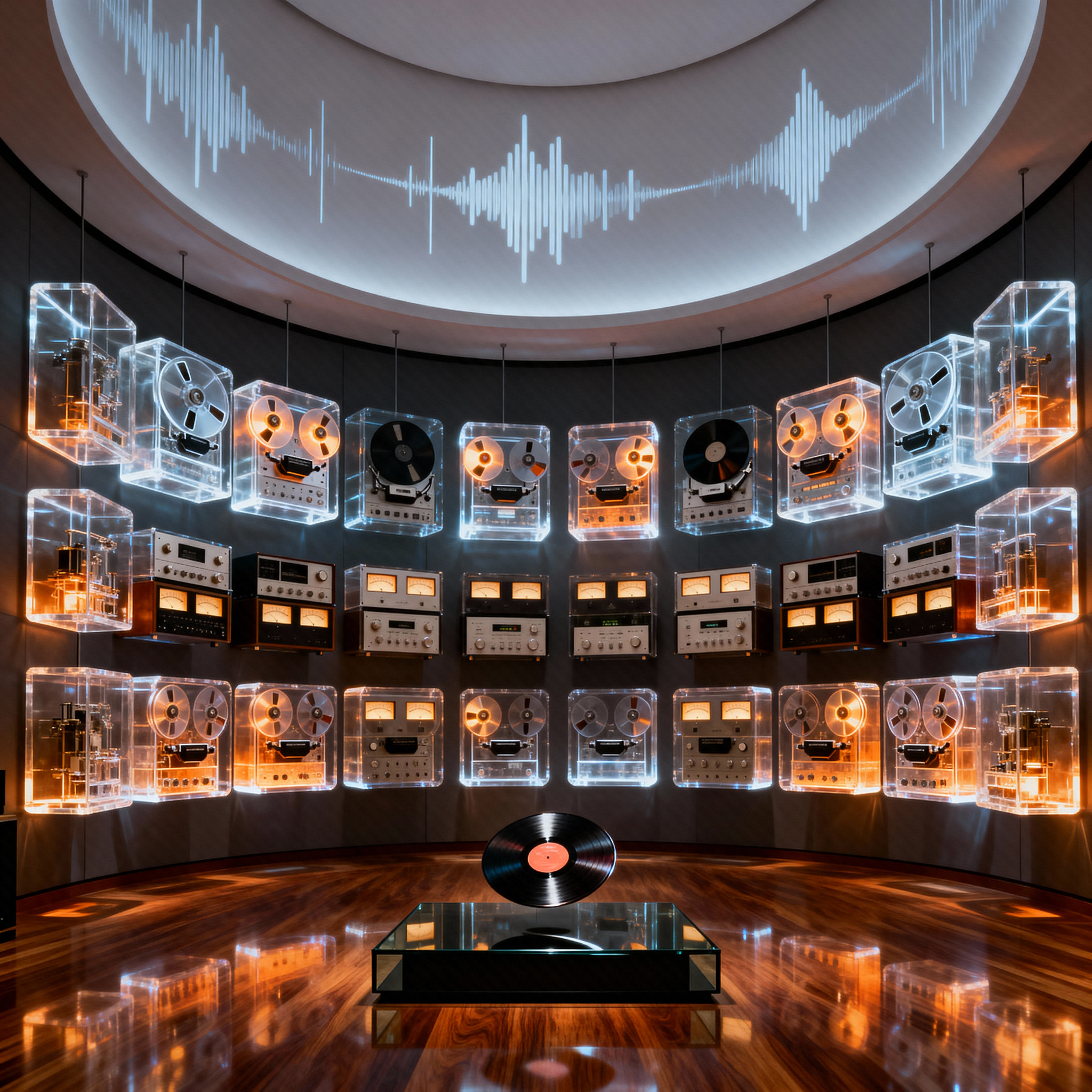 A square synthetic audio suite with suspended archival sound equipment and an illuminated waveform ceiling