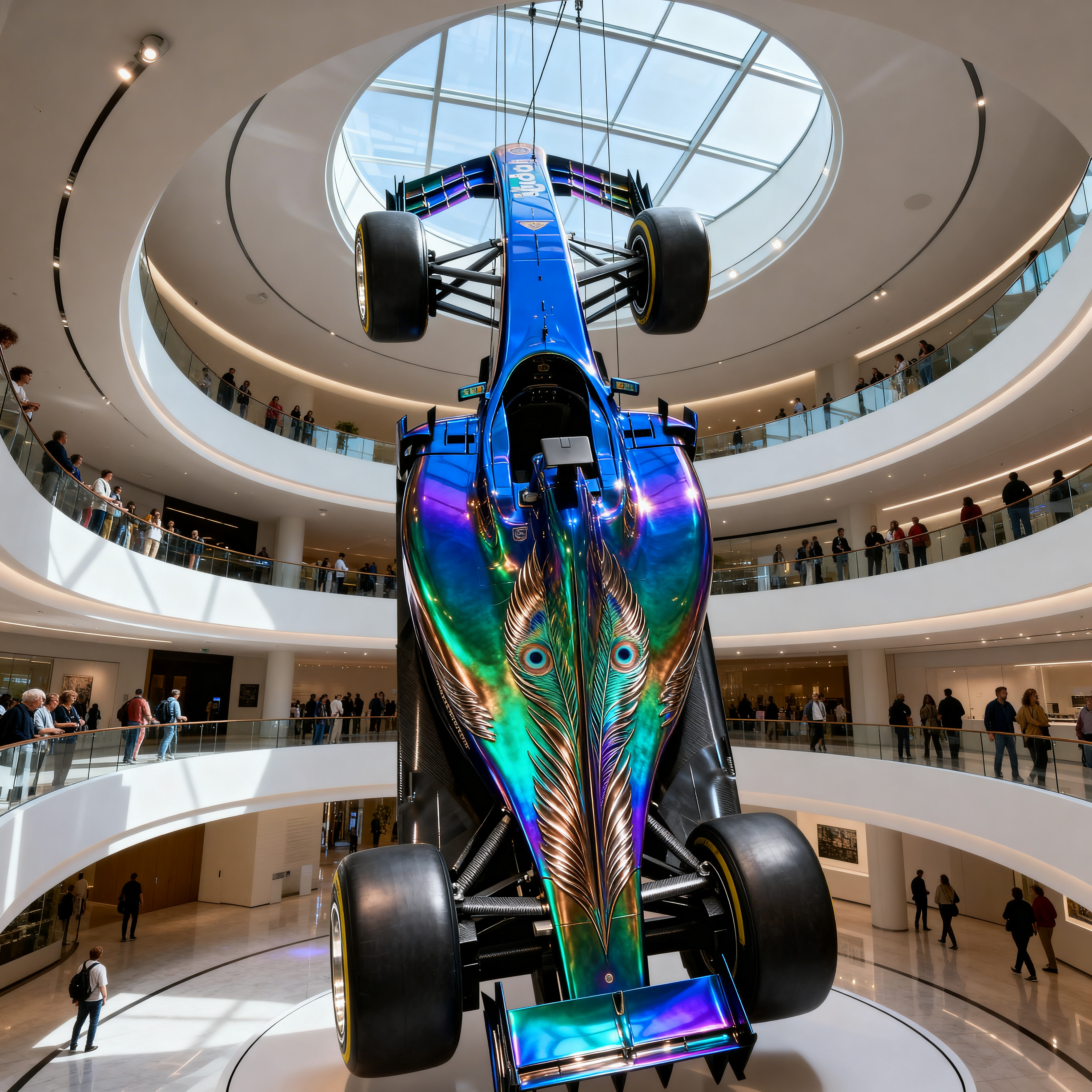 A Formula One vehicle presented within a monumental atrium beneath a circular architectural opening