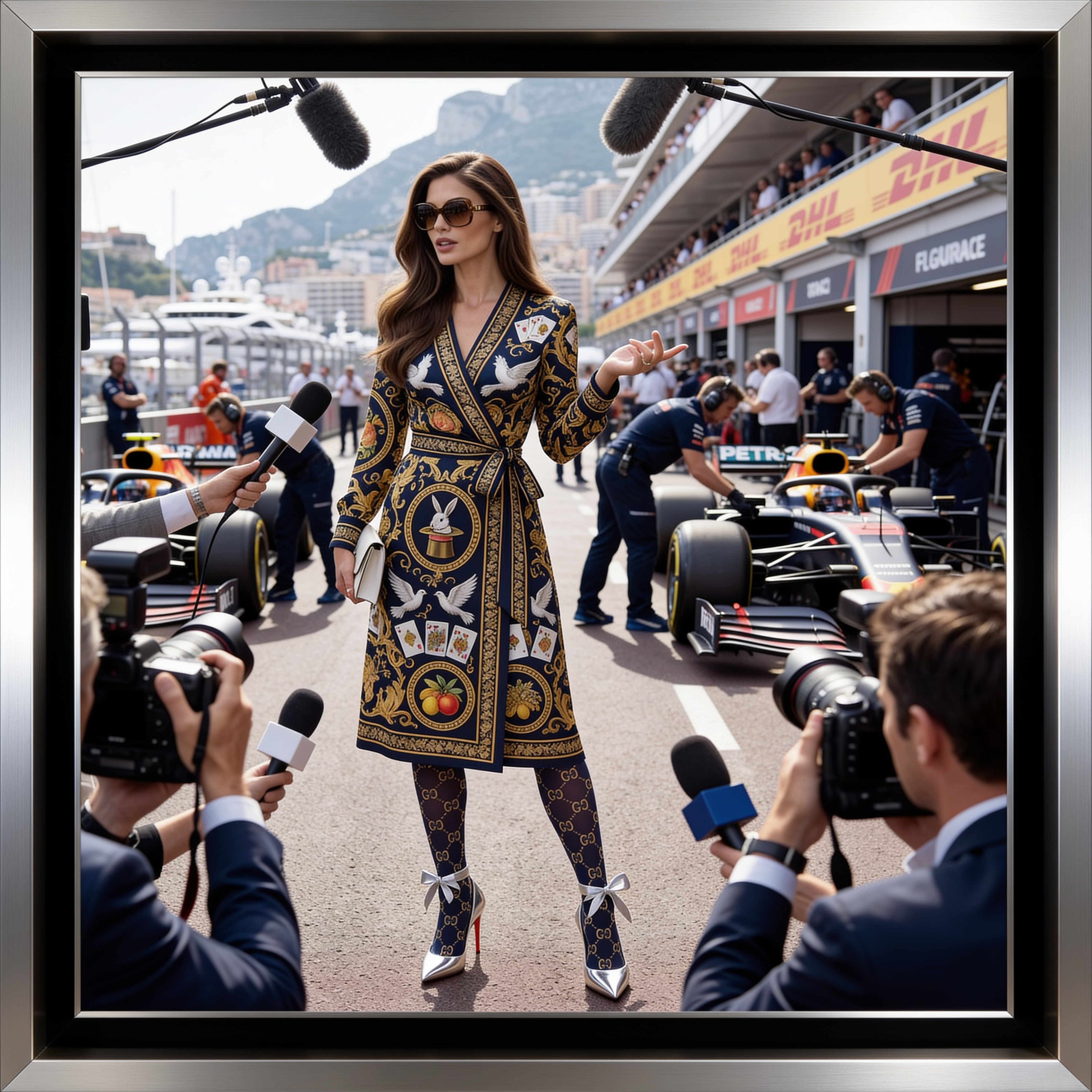 A restrained metallic-framed synthetic character scene within an active Monaco pit lane